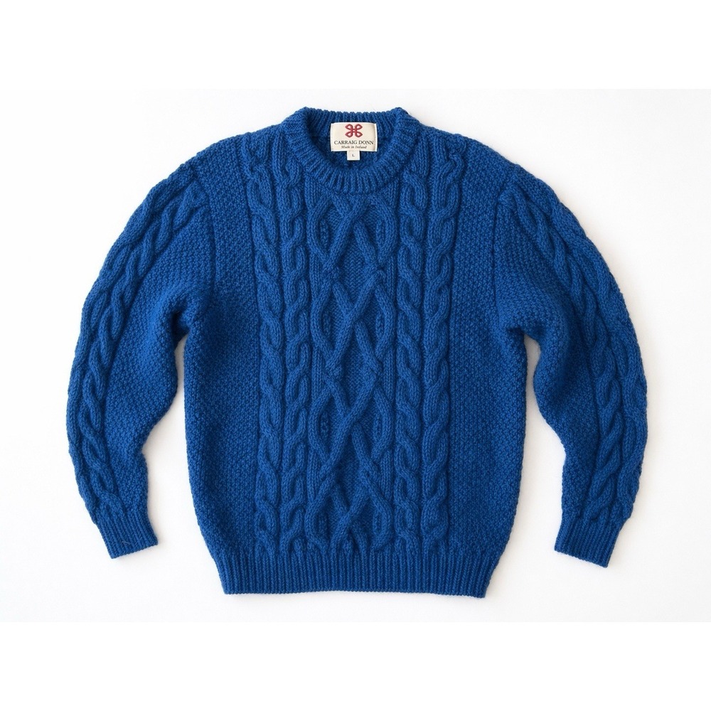 Carraig Donn Irish Wool Sweater Blue Cable Knit Aran Made Ireland L